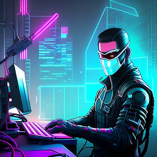 nvinkpunk Gamer plays PC game in neon mask around. hyperrealistic, full body, detailed clothing, highly detailed, cinematic lighting, stunningly beautiful, intricate, sharp focus, f/1. 8, 85mm, (centered image composition), (professionally color graded), ((bright soft diffused light)), volumetric fog, trending on instagram, trending on tumblr, HDR 4K, 8K