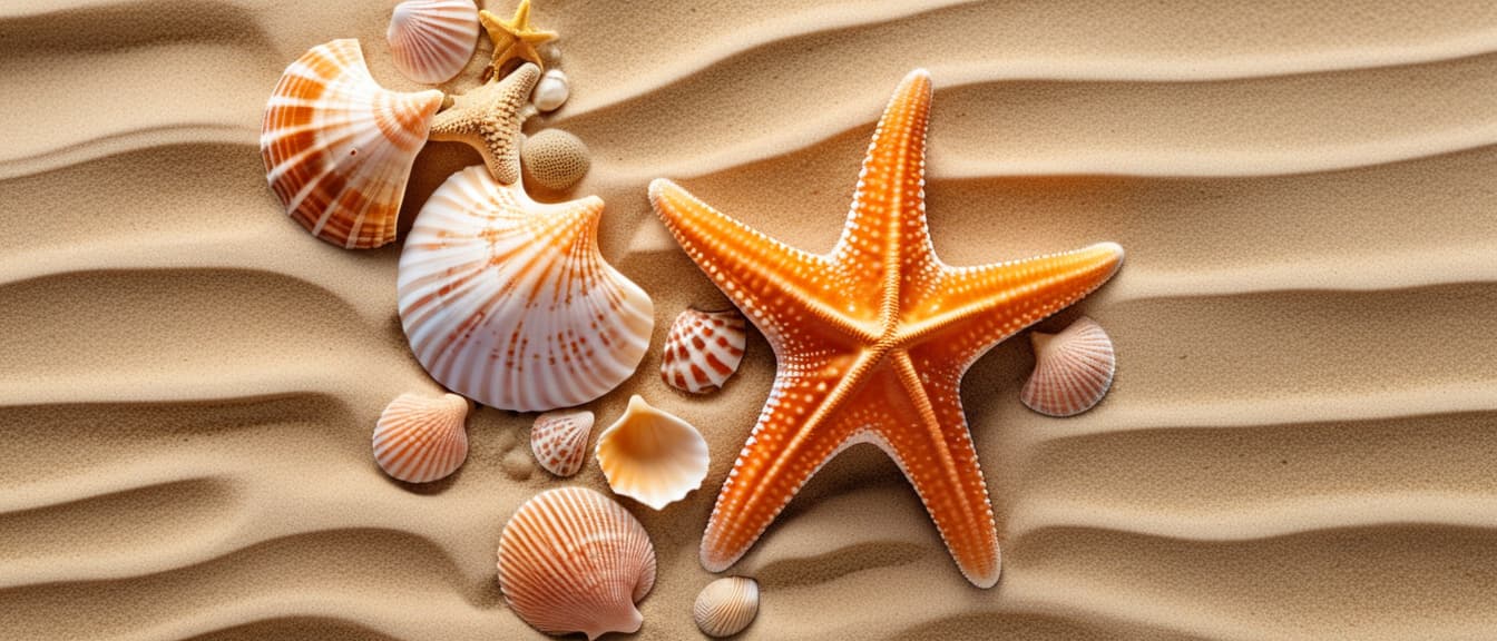  Macro Photography, Sea shell and starfish on sand background with copy space. Top view. Banner for advertising beach resorts, travel agencies, leisure and travel, close up, macro 100mm, macro photography