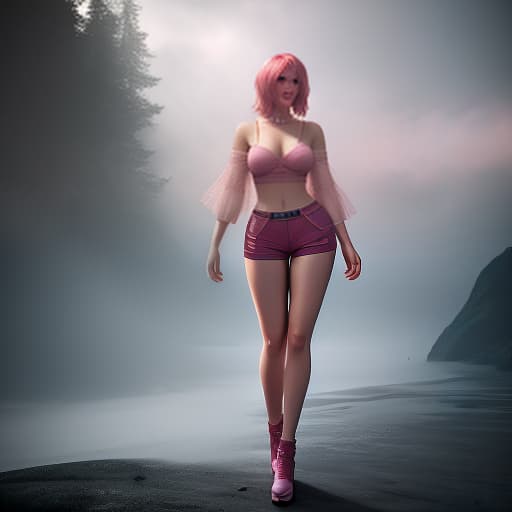  A beautiful in pink short shorts and a with pink hair with a view of the is lying , (3d render:1.25), realistic, dark, epic, (detailed:1.22), textured hyperrealistic, full body, detailed clothing, highly detailed, cinematic lighting, stunningly beautiful, intricate, sharp focus, f/1. 8, 85mm, (centered image composition), (professionally color graded), ((bright soft diffused light)), volumetric fog, trending on instagram, trending on tumblr, HDR 4K, 8K