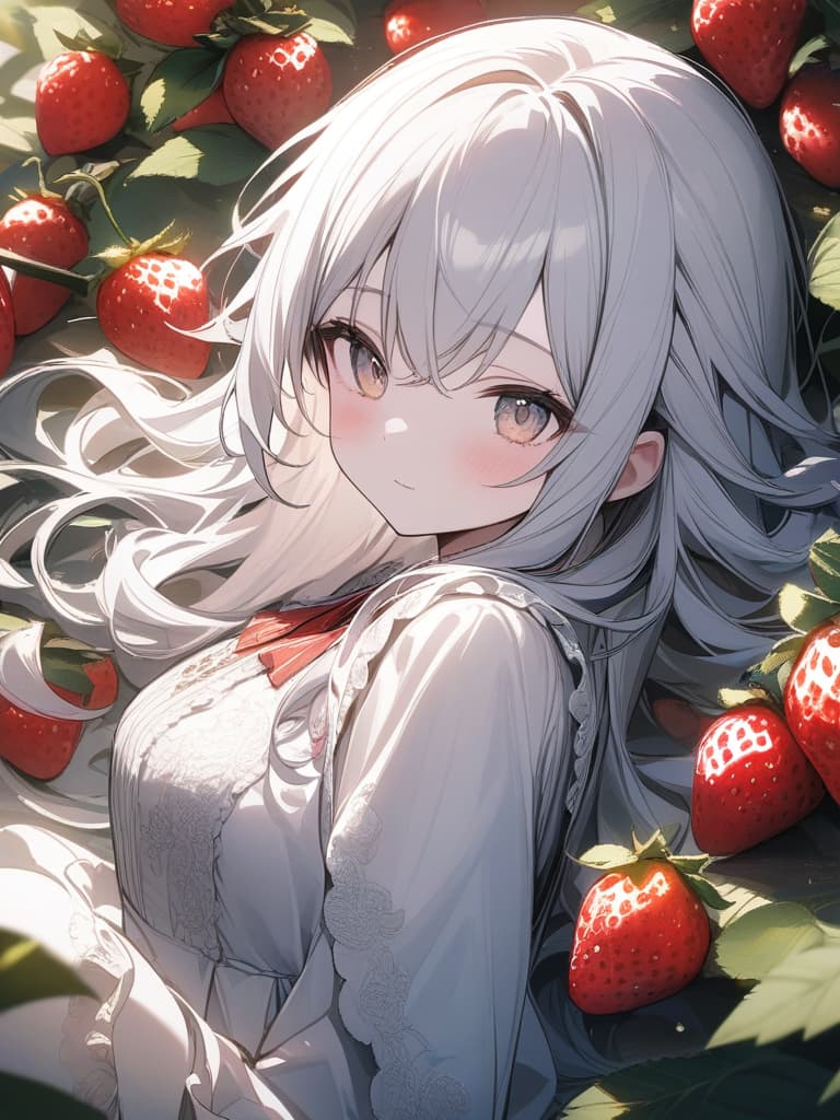  Cute, girl, white skin, thin body, fluffy hair, fragrant hair, fruit, white hair, young face, long hair, lean eyes, strawberry decoration, frill dress, masterpiece, best quality,8k,ultra detailed,high resolution,an extremely delicate and beautiful,hyper detail