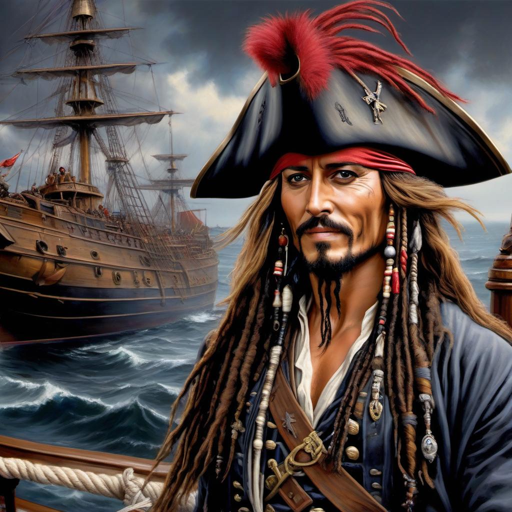  nautical themed (Masterpiece, oil painting: 1.5), canvas, oil, hyperrealistic Captain Jack Sparrow pirate on the background of a black pearl sailing ship, smiling face, long red dreadlocks, Captain Jack Sparrow, intense and focused gaze directed at the viewer, style of Alex Ross, many small details, splashes of paint, thick strokes, close up view, perfect composition, well defined texture of canvas and oil, (attention to detail: 1.5), 8K . sea, ocean, ships, maritime, beach, marine life, highly detailed hyperrealistic, full body, detailed clothing, highly detailed, cinematic lighting, stunningly beautiful, intricate, sharp focus, f/1. 8, 85mm, (centered image composition), (professionally color graded), ((bright soft diffused light)), volumetric fog, trending on instagram, trending on tumblr, HDR 4K, 8K