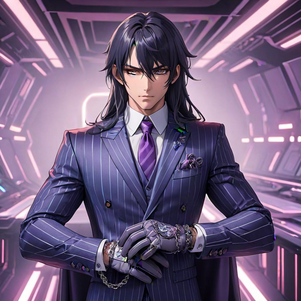  2D, line art, anime style, a male character, serious expression, dead look, too long dark purple hair, amber eyes, deep set eyes, very pale skin, black geometric patterns on the body, violet striped classic suit in futuristic tailoring, silver chain, brooch, gloves, digital space, cool color scheme hyperrealistic, full body, detailed clothing, highly detailed, cinematic lighting, stunningly beautiful, intricate, sharp focus, f/1. 8, 85mm, (centered image composition), (professionally color graded), ((bright soft diffused light)), volumetric fog, trending on instagram, trending on tumblr, HDR 4K, 8K