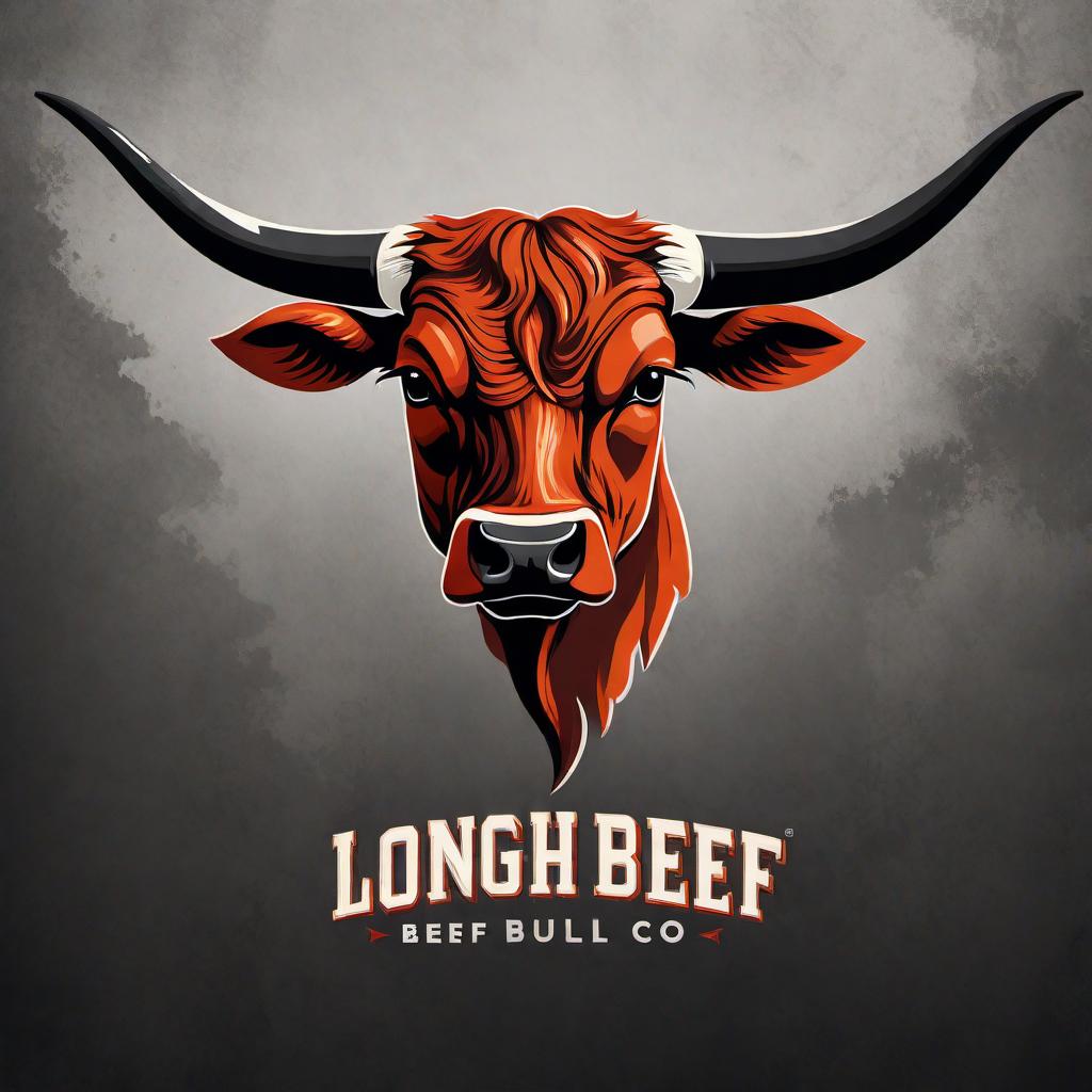  A logo featuring a menacing Longhorn Bull's head for a beef jerky business. The bull has taut, muscular build especially around the rear and hindquarters, with a lowered head in an attacking or defending stance. The horns are long and wide. Smoke is snorting from its nostrils, and the eyes are red and black, with an intense, aggressive expression. The color scheme includes burnt orange, gray, black, and off-white, set against a rugged, rustic background. Include typography that reads 'Longhorn Beef Jerky Co.' in a bold, rustic font that complements the toughness of the bull. The logo captures the essence of strength, tradition, and fierceness, with shadows, highlights, and textures to enhance the muscular look and overall visual impact. hyperrealistic, full body, detailed clothing, highly detailed, cinematic lighting, stunningly beautiful, intricate, sharp focus, f/1. 8, 85mm, (centered image composition), (professionally color graded), ((bright soft diffused light)), volumetric fog, trending on instagram, trending on tumblr, HDR 4K, 8K