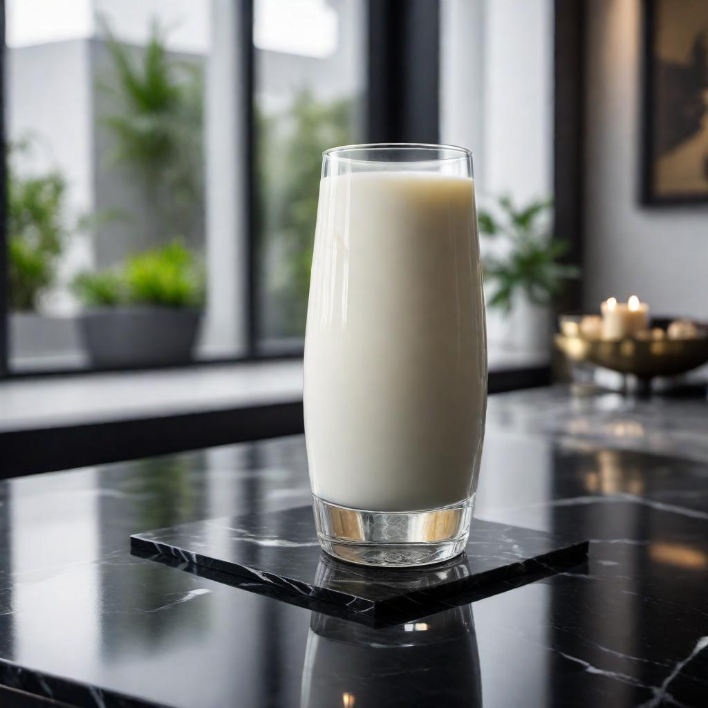  A glass of raw milk on a sleek black marble table. The table has a polished, elegant surface with distinctive white veining. The lighting should create a subtle reflection on the marble, highlighting both the texture of the table and the milk. The setting should feel modern and sophisticated. hyperrealistic, full body, detailed clothing, highly detailed, cinematic lighting, stunningly beautiful, intricate, sharp focus, f/1. 8, 85mm, (centered image composition), (professionally color graded), ((bright soft diffused light)), volumetric fog, trending on instagram, trending on tumblr, HDR 4K, 8K