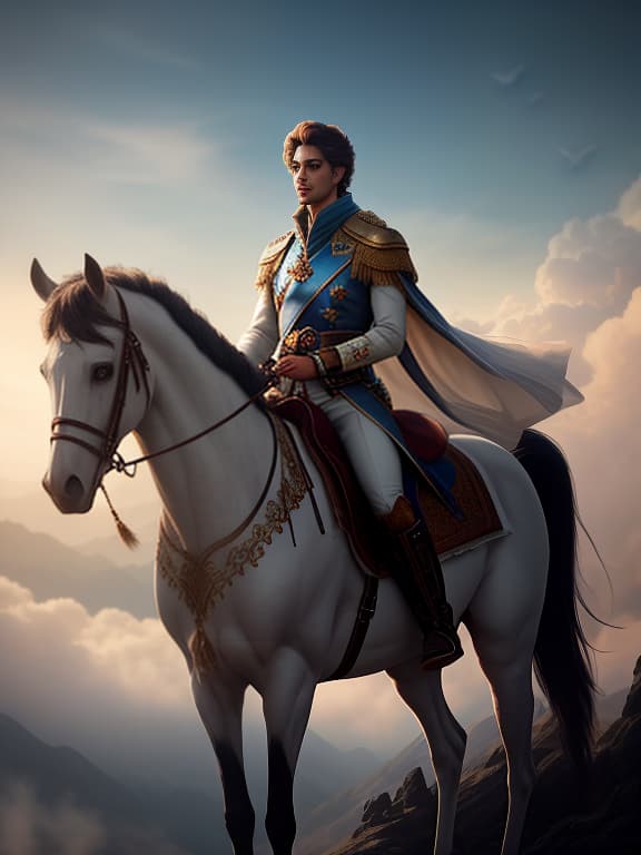  Prince of the Sky hyperrealistic, full body, detailed clothing, highly detailed, cinematic lighting, stunningly beautiful, intricate, sharp focus, f/1. 8, 85mm, (centered image composition), (professionally color graded), ((bright soft diffused light)), volumetric fog, trending on instagram, trending on tumblr, HDR 4K, 8K