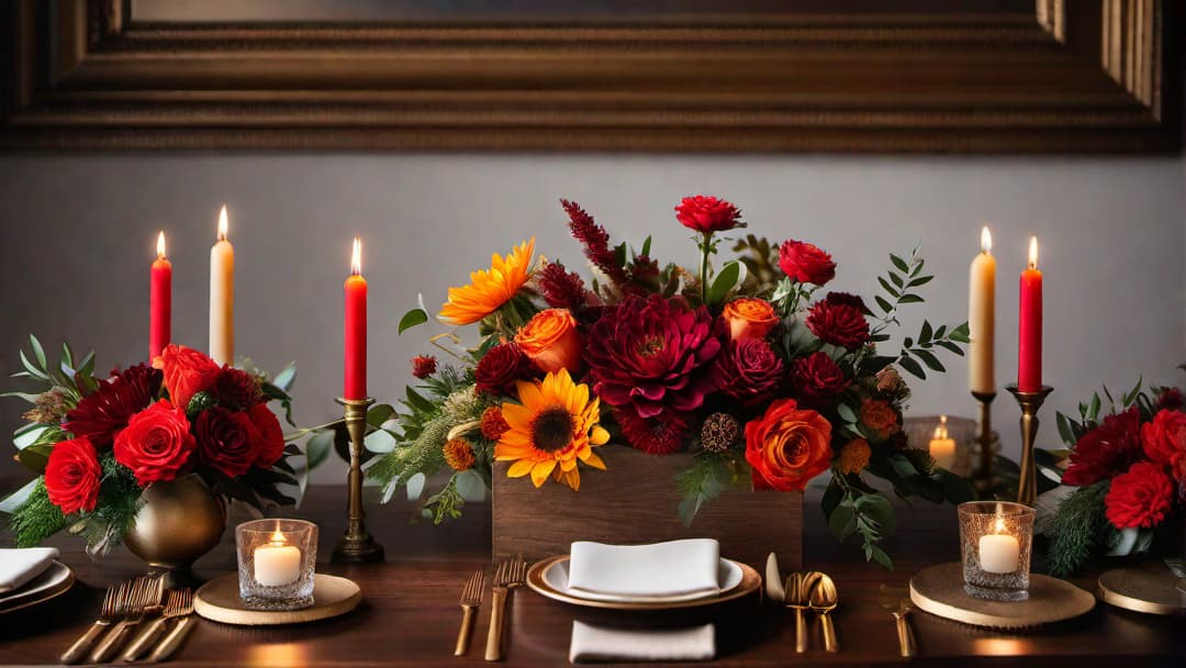  Create an image of an elegant wedding table centerpiece designed for an autumn wedding. The centerpiece should include wood slice and tree elements, combined with vibrant autumnal flowers like red roses, sunflowers, and dahlias. Surround the centerpiece with delicate candles in antique holders to create a warm, romantic ambiance. This image must show a centerpiece on a table in a wedding setting. This could include formal table settings. hyperrealistic, full body, detailed clothing, highly detailed, cinematic lighting, stunningly beautiful, intricate, sharp focus, f/1. 8, 85mm, (centered image composition), (professionally color graded), ((bright soft diffused light)), volumetric fog, trending on instagram, trending on tumblr, HDR 4K, 8K