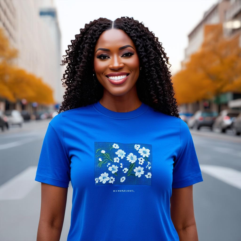  half body portrait black curly happy woman wearing blue t shirt with squared floral pattern on t shirt, Blurred city Background high quality, detailed intricate insanely detailed, flattering light, RAW photo, photography, photorealistic, ultra detailed, depth of field, 8k resolution , detailed background, f1.4, sharpened focus hyperrealistic, full body, detailed clothing, highly detailed, cinematic lighting, stunningly beautiful, intricate, sharp focus, f/1. 8, 85mm, (centered image composition), (professionally color graded), ((bright soft diffused light)), volumetric fog, trending on instagram, trending on tumblr, HDR 4K, 8K