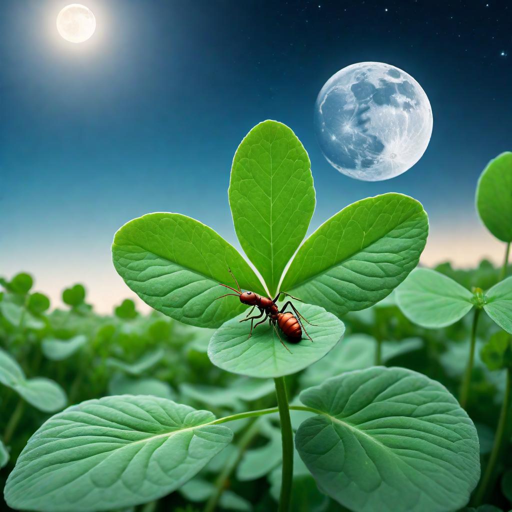  A worm's perspective looking up, seeing an ant from beneath on the underside of a green four-leaf clover. The background is a blue night sky with a full moon in view. hyperrealistic, full body, detailed clothing, highly detailed, cinematic lighting, stunningly beautiful, intricate, sharp focus, f/1. 8, 85mm, (centered image composition), (professionally color graded), ((bright soft diffused light)), volumetric fog, trending on instagram, trending on tumblr, HDR 4K, 8K