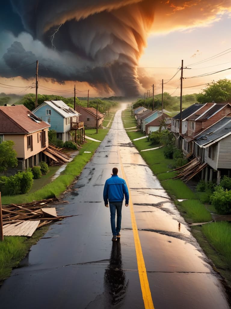  texture A man is walking down a bridge road during sunset while a tornado is seen destroying houses in the distance top down close up