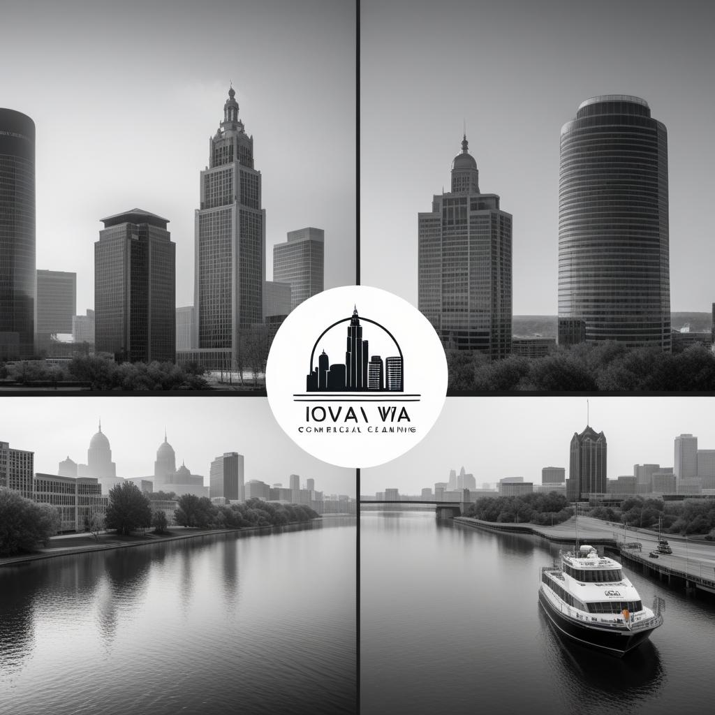  Clean and minimalist logo for 'Iowa Commercial Cleaning' with a black and white color scheme. The logo should feature a simplified silhouette of the Cedar Rapids city skyline, representing professionalism, reliability, and cleanliness in the commercial cleaning industry. hyperrealistic, full body, detailed clothing, highly detailed, cinematic lighting, stunningly beautiful, intricate, sharp focus, f/1. 8, 85mm, (centered image composition), (professionally color graded), ((bright soft diffused light)), volumetric fog, trending on instagram, trending on tumblr, HDR 4K, 8K