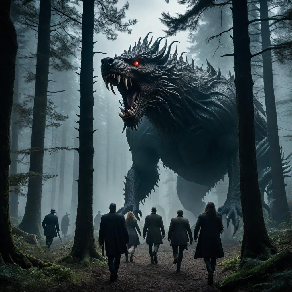  A surreal scene in the woods with monstrous beasts chasing a group of frightened people. The setting is a dark, dense forest with tall, eerie trees casting ominous shadows. The beasts are large, terrifying creatures with glowing eyes and sharp claws, while the people are running frantically, looking over their shoulders in fear. The overall mood is tense and chaotic, with a mix of horror and urgency. hyperrealistic, full body, detailed clothing, highly detailed, cinematic lighting, stunningly beautiful, intricate, sharp focus, f/1. 8, 85mm, (centered image composition), (professionally color graded), ((bright soft diffused light)), volumetric fog, trending on instagram, trending on tumblr, HDR 4K, 8K