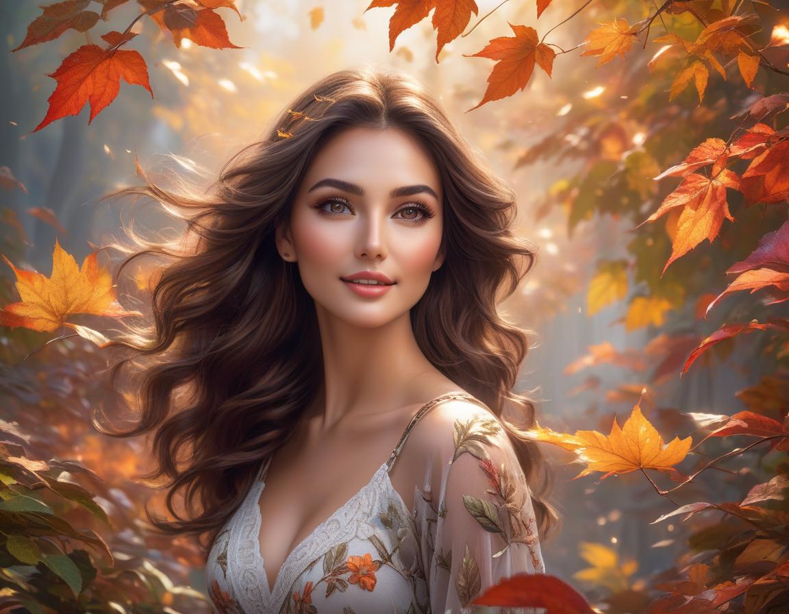  A stunning woman with mesmerizing brown eyes and a shy, yet lovely smile stands amidst a whirlwind of colorful leaves, her beauty rivaling that of nature itself., face by Bagshaw, Atroshenko, hyperrealistic, full body, detailed clothing, highly detailed, cinematic lighting, stunningly beautiful, intricate, sharp focus, f/1. 8, 85mm, (centered image composition), (professionally color graded), ((bright soft diffused light)), volumetric fog, trending on instagram, trending on tumblr, HDR 4K, 8K