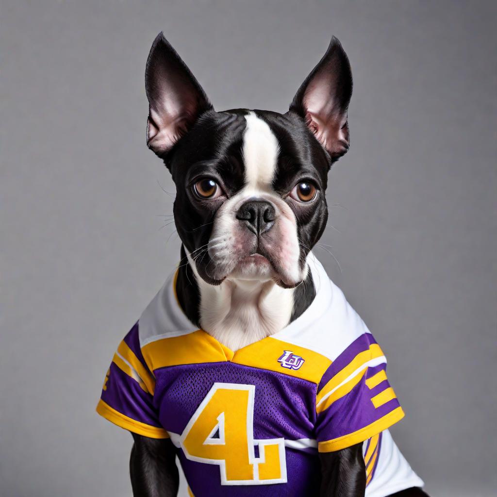  A black and white Boston Terrier named Beaux wearing an LSU football jersey. The dog is standing proudly, with the LSU logo prominently displayed on the jersey. The setting is a simple background that does not distract from Beaux. Beaux should have lively and bright eyes, with his characteristic Boston Terrier markings, and his ears perked up. hyperrealistic, full body, detailed clothing, highly detailed, cinematic lighting, stunningly beautiful, intricate, sharp focus, f/1. 8, 85mm, (centered image composition), (professionally color graded), ((bright soft diffused light)), volumetric fog, trending on instagram, trending on tumblr, HDR 4K, 8K