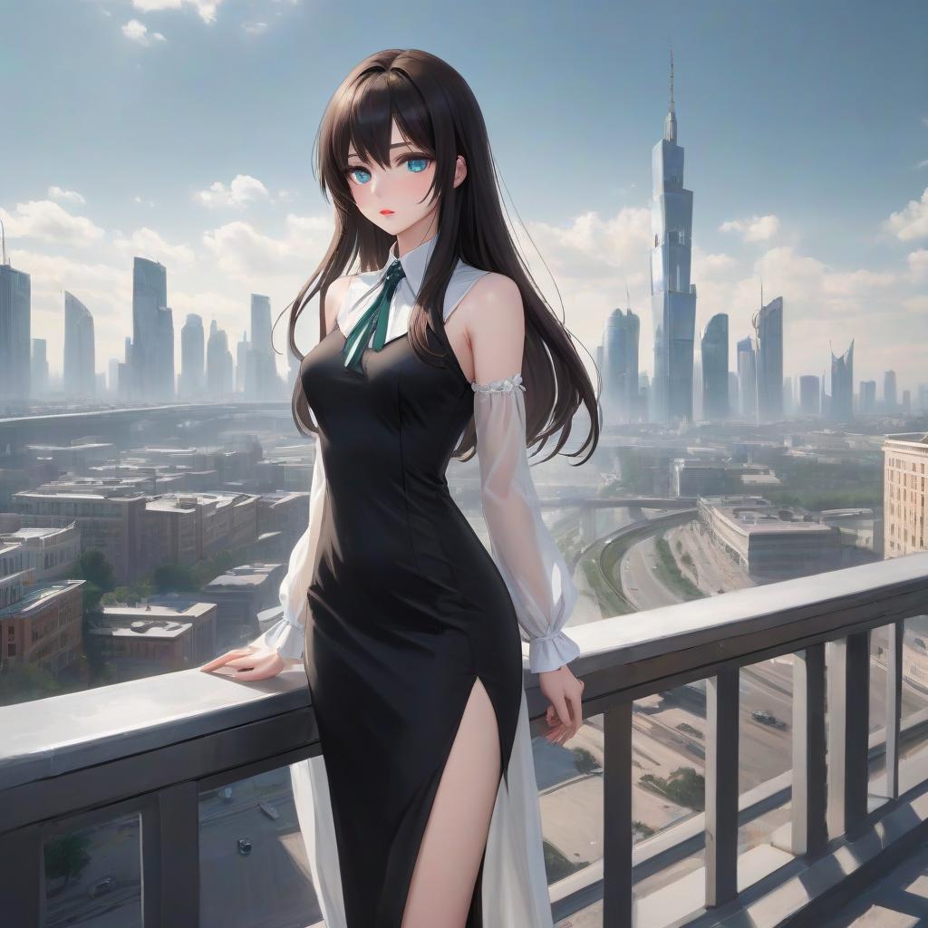  anime artwork Маленькая человекоподобная обезьяна в обмуbeautiful , , white skinned, European, blue eyes, long brown straight hair, slender figure, small neat s, dressed in a black dress with a white collar and white cuffs, full length, against the backdrop of a modern city. Skyscrs of Moscow City (photorealism, oil painting: 1.3), (full length shot: 1.3), charming , long flowing black hair, (large sensual mouth: 1.2), plump lips, sparkling emerald eyes , narrow waist, (sensual drawing: 1.2), silvery glow, ethereal aura, detailed brushwork, intricate shadows and highlights, mysterious and captivating expression, unique color palette, masterful use of light and shadow hyperrealistic, full body, detailed clothing, highly detailed, cinematic lighting, stunningly beautiful, intricate, sharp focus, f/1. 8, 85mm, (centered image composition), (professionally color graded), ((bright soft diffused light)), volumetric fog, trending on instagram, trending on tumblr, HDR 4K, 8K