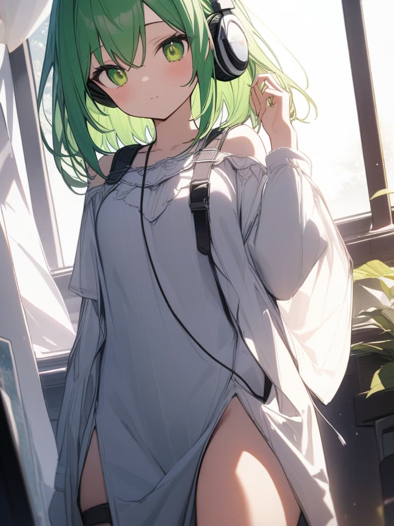  Green hair short hair character equipped with headphones only with white loincloth, masterpiece, best quality,8k,ultra detailed,high resolution,an extremely delicate and beautiful,hyper detail