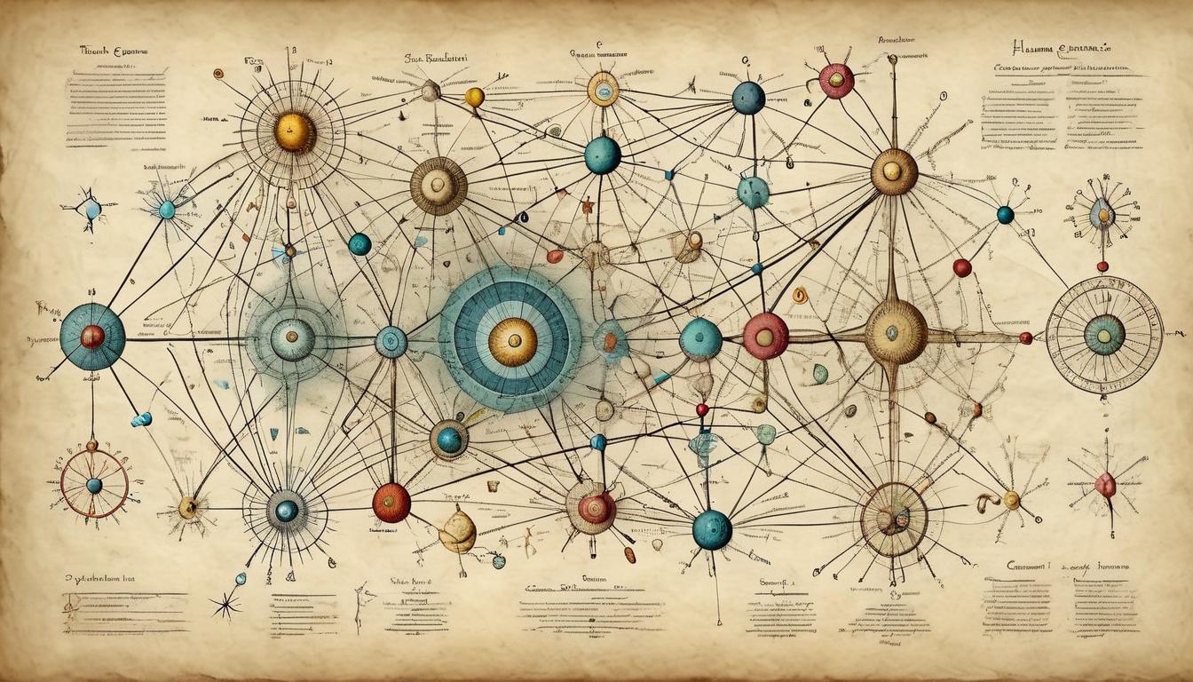  on parchment, surrealism+++, Expansive digital map of human genes, interconnecting lines and nodes, highlighting an intricate network, scientific yet artistic visualization(mysterious, provocative, symbolic,muted color)+++