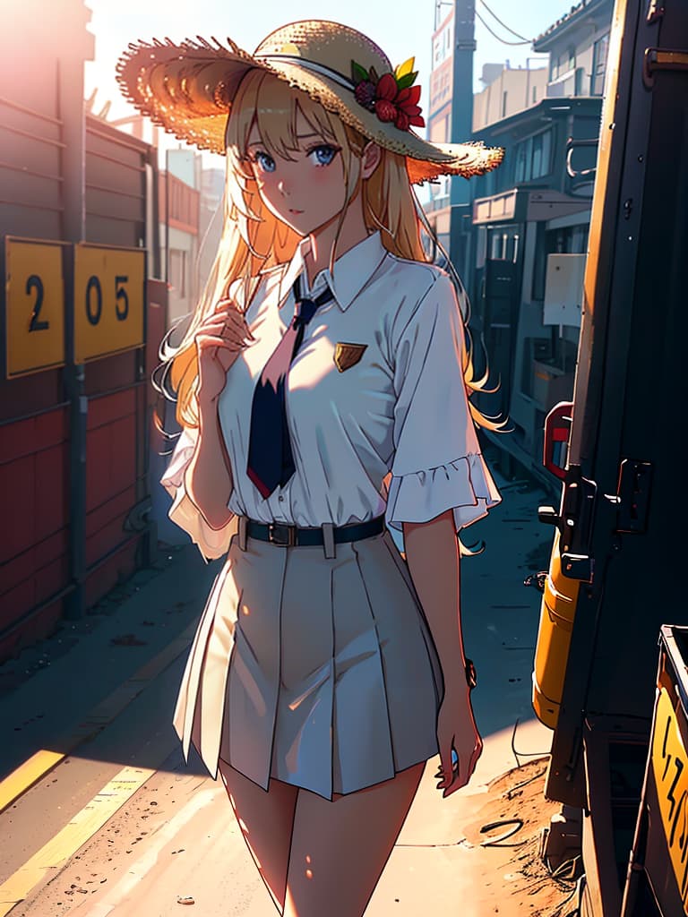  (score 9), score 8 up, highres, 1girl, anime, school uniform, straw hat, desert hyperrealistic, full body, detailed clothing, highly detailed, cinematic lighting, stunningly beautiful, intricate, sharp focus, f/1. 8, 85mm, (centered image composition), (professionally color graded), ((bright soft diffused light)), volumetric fog, trending on instagram, trending on tumblr, HDR 4K, 8K