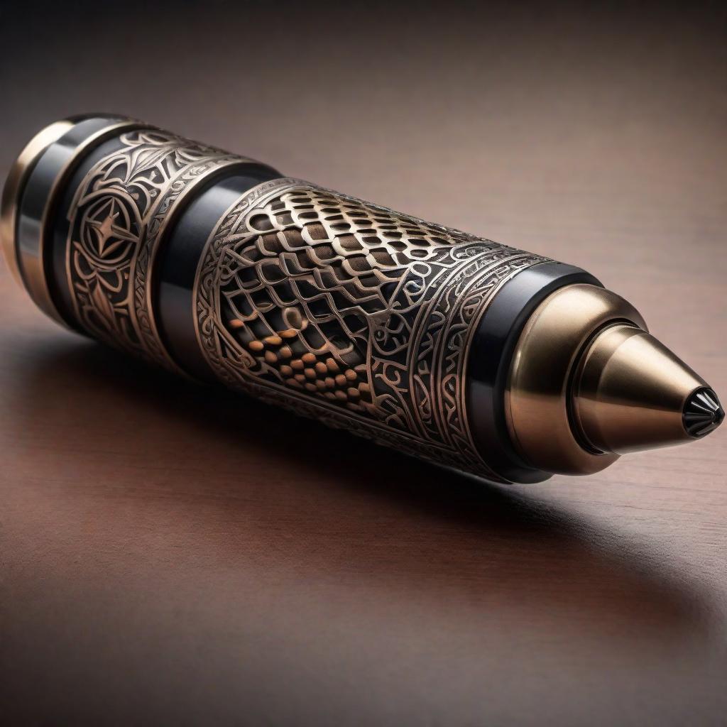  A tattoo design of a bullet with intricate details and shading, located on the bottom lip. The design should be realistic and eye-catching, showcasing the bullet in a unique and creative way. hyperrealistic, full body, detailed clothing, highly detailed, cinematic lighting, stunningly beautiful, intricate, sharp focus, f/1. 8, 85mm, (centered image composition), (professionally color graded), ((bright soft diffused light)), volumetric fog, trending on instagram, trending on tumblr, HDR 4K, 8K