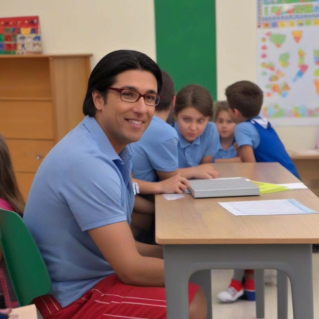  A man sits at school, in grade 1 with children at the desk