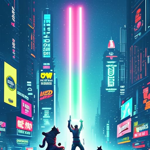  feline cats in a lightsaber duel in Times Square with futuristic cyberpunk vibes and highly advanced architecture and shiny bright billboards at night time with it raining as well in PrintDesign style