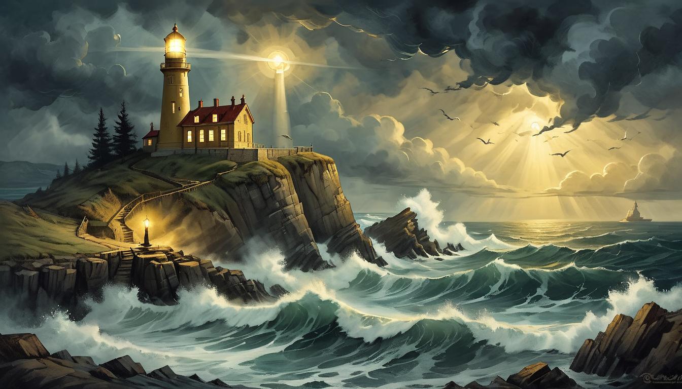  on parchment, surrealism+++, Golden lighthouse on a cliff, light piercing through a stormy sky, waves crashing below, powerful beacon, hopeful illumination, contrast of light and dark(mysterious, provocative, symbolic,muted color)+++