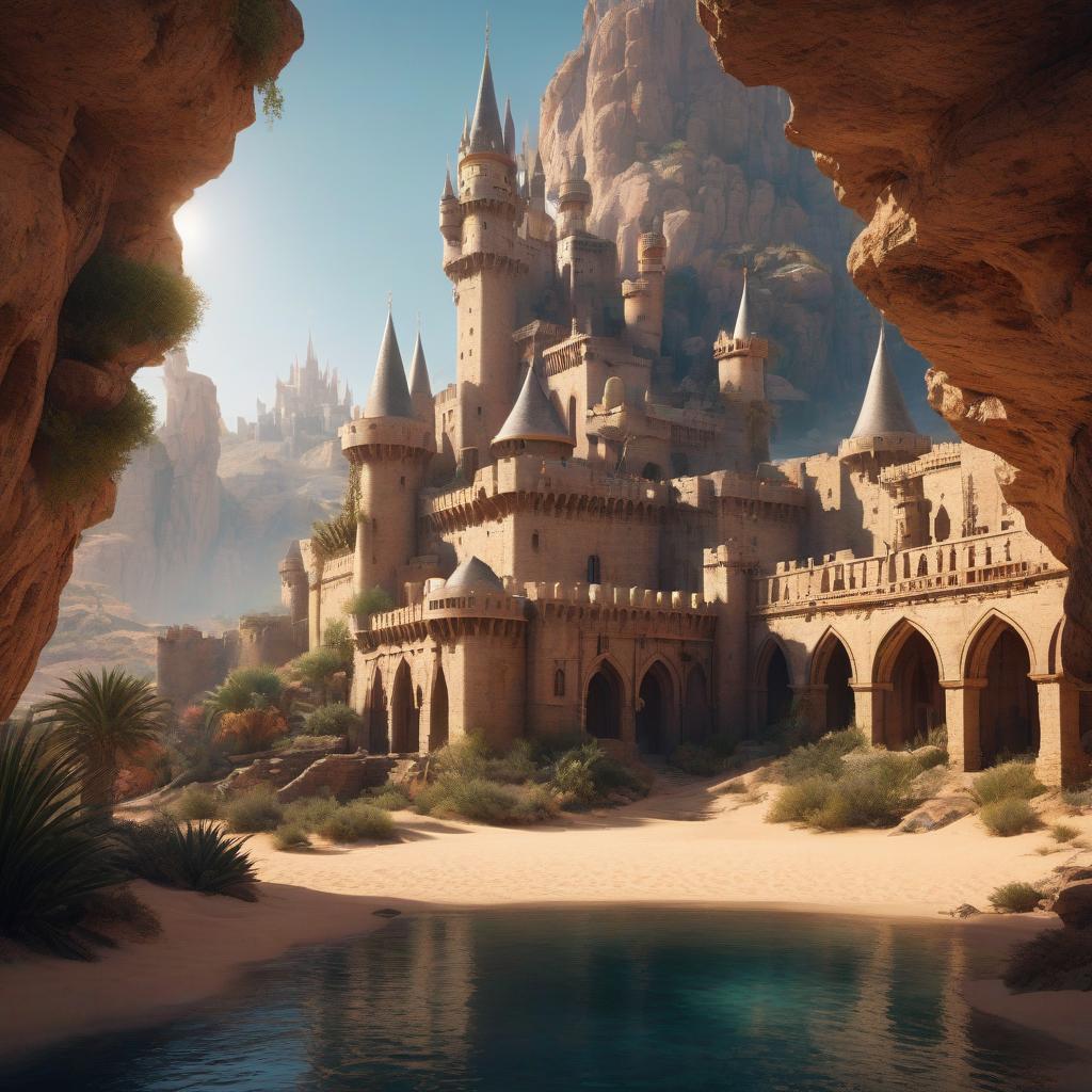  A fantastic fairy tale castle. New technology. Desert. Oasis. There's a sea around. hyperrealistic, full body, detailed clothing, highly detailed, cinematic lighting, stunningly beautiful, intricate, sharp focus, f/1. 8, 85mm, (centered image composition), (professionally color graded), ((bright soft diffused light)), volumetric fog, trending on instagram, trending on tumblr, HDR 4K, 8K