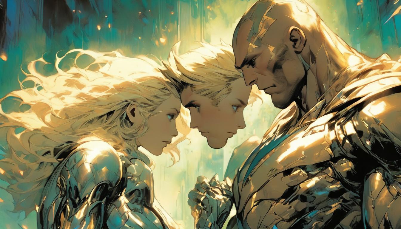  hyperrealism,fantasy aesthetic1man1woman, large busted attractive blonde arian female humanoid and handsome male humanoid, sharing heartfelt moment, universe watching, high tech clothing clad in sleek, futuristic costume with metallic accents and form fitting designs, marvel superhero comics style, unreal engine rendering