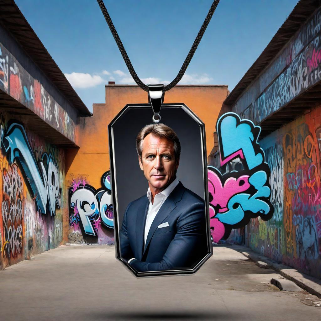  RFK Jr in graffiti font, displayed on a stylish pendant. The pendant should have a modern yet slightly edgy design, reflecting the rebellious and street-art aesthetic of graffiti. hyperrealistic, full body, detailed clothing, highly detailed, cinematic lighting, stunningly beautiful, intricate, sharp focus, f/1. 8, 85mm, (centered image composition), (professionally color graded), ((bright soft diffused light)), volumetric fog, trending on instagram, trending on tumblr, HDR 4K, 8K