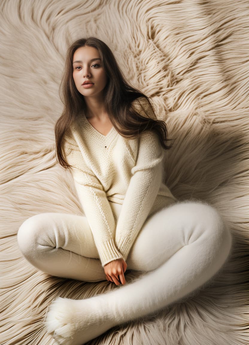  beautiful with long hair wearing a fluffy collared mohair sweater sitting on a big curly sheepskin rug