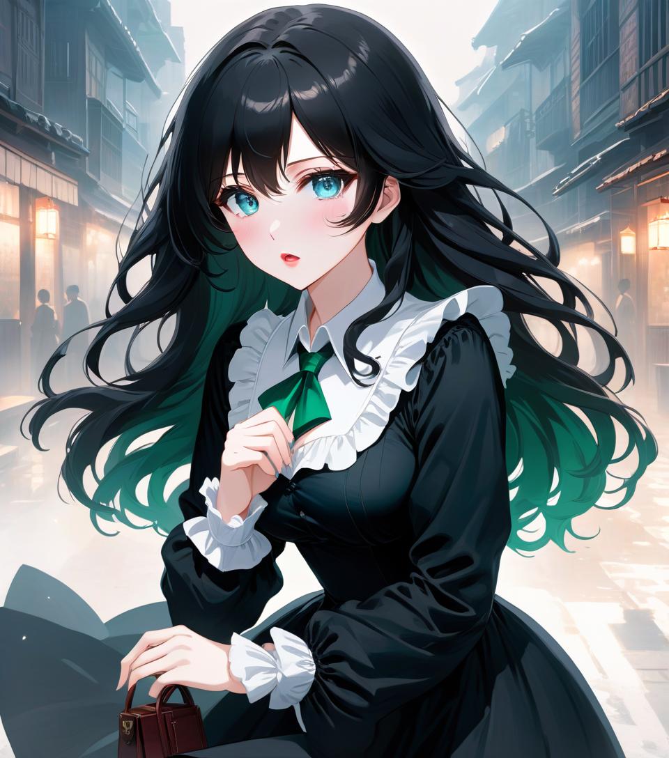  anime artwork beautiful , , white skinned, European, blue eyes, long black wavy hair, slender figure, small neat s, dressed in a black dress with a white collar and white cuffs, full length, foggy background(photorealism, oil painting: 1.3), (full length shot: 1.3), charming , long flowing black hair, (large sensual mouth: 1.2), plump lips, sparkling emerald eyes , narrow waist, (sensual drawing: 1.2), silvery glow, ethereal aura, detailed brushwork, intricate shadows and highlights, mysterious and captivating expression, unique color palette, masterful use of light and shadow, captivating atmosphere, pure emotion, intense gaze, dynamic composition. . anime style, key visual, vint, studio anime, highly d hyperrealistic, full body, detailed clothing, highly detailed, cinematic lighting, stunningly beautiful, intricate, sharp focus, f/1. 8, 85mm, (centered image composition), (professionally color graded), ((bright soft diffused light)), volumetric fog, trending on instagram, trending on tumblr, HDR 4K, 8K