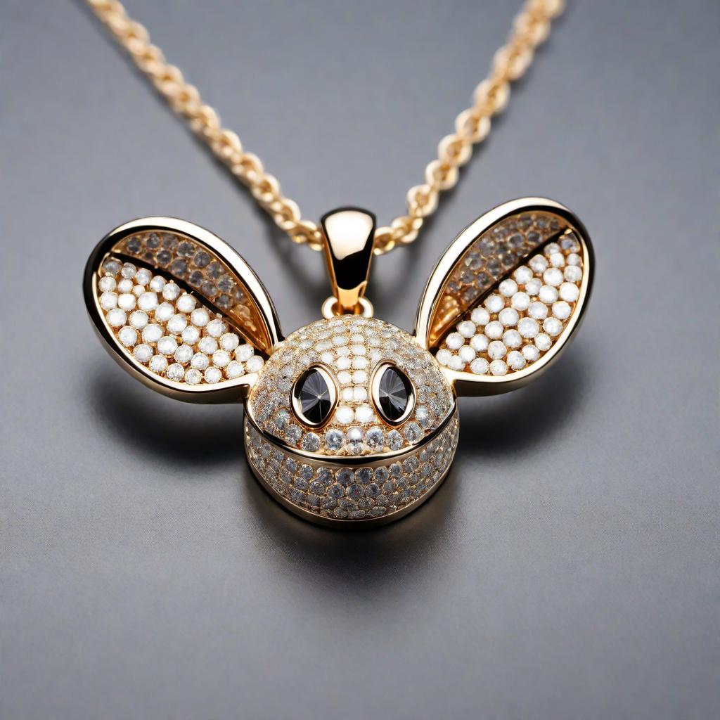  A diamond-encrusted Deadmau5 pendant with a sleek and modern design. The pendant features the iconic Deadmau5 mouse head logo covered in sparkling diamonds, with intricate detailing and a polished finish. The diamonds should shimmer and reflect light, emphasizing the luxury and elegance of the piece. hyperrealistic, full body, detailed clothing, highly detailed, cinematic lighting, stunningly beautiful, intricate, sharp focus, f/1. 8, 85mm, (centered image composition), (professionally color graded), ((bright soft diffused light)), volumetric fog, trending on instagram, trending on tumblr, HDR 4K, 8K