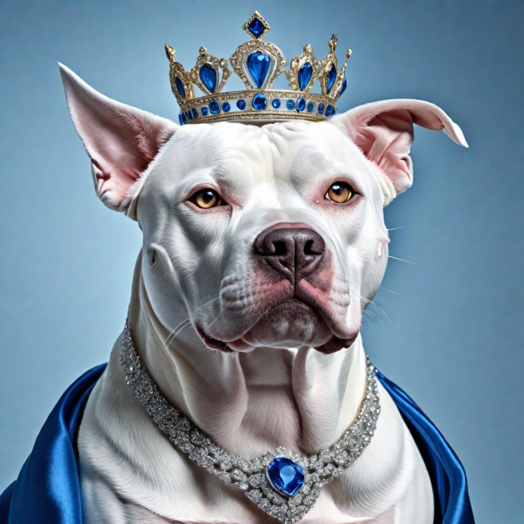  A growling white and blue pit bull wearing a princess crown hyperrealistic, full body, detailed clothing, highly detailed, cinematic lighting, stunningly beautiful, intricate, sharp focus, f/1. 8, 85mm, (centered image composition), (professionally color graded), ((bright soft diffused light)), volumetric fog, trending on instagram, trending on tumblr, HDR 4K, 8K