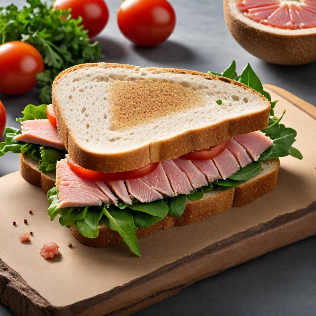  A realistic illustration of a sandwich with two slices of bread, containing a fresh and visually appealing tuna fish fillet. The tuna should be sliced and placed artfully between the bread slices, with some greens and a slice of tomato for added color and texture. hyperrealistic, full body, detailed clothing, highly detailed, cinematic lighting, stunningly beautiful, intricate, sharp focus, f/1. 8, 85mm, (centered image composition), (professionally color graded), ((bright soft diffused light)), volumetric fog, trending on instagram, trending on tumblr, HDR 4K, 8K