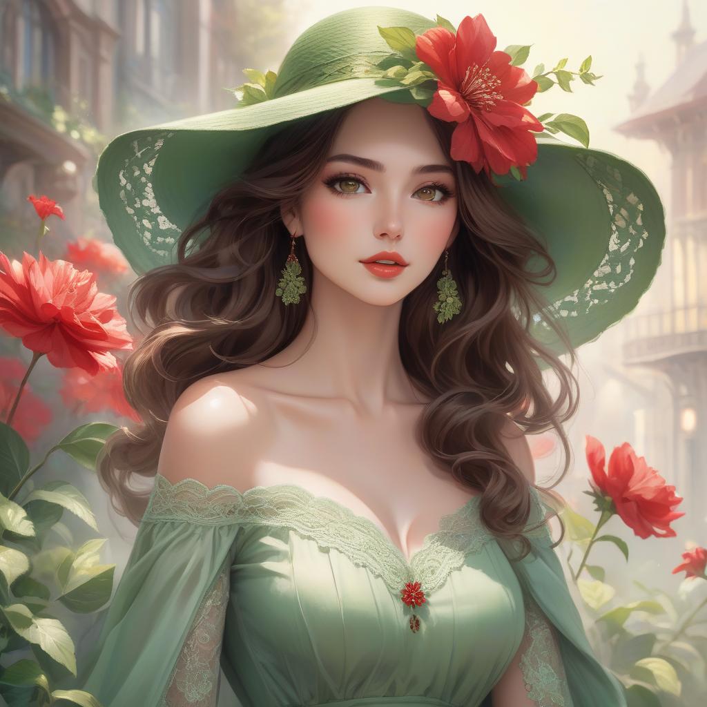  A digital artwork of a young woman with wavy brown hair, wearing a green hat adorned with a red flower, with a soft focus background. Create the image of a young woman with a fair complexion and soft facial features. She has charming almond shaped hazel eyes and full lips that add to her serene expression. Her wavy, dark brown hair falls gracefully under a wide brimmed, light green hat decorated with intricate lace patterns and a delicate red flower. The background merges with her form in a dreamy watercolor blend of green, red and hints of yellow, suggesting a mix of floral and abstract elements. The woman wears an off the shoulder top with a touch of blue, adding to the overall soft and artistic atmosphere of the scene. The composition  hyperrealistic, full body, detailed clothing, highly detailed, cinematic lighting, stunningly beautiful, intricate, sharp focus, f/1. 8, 85mm, (centered image composition), (professionally color graded), ((bright soft diffused light)), volumetric fog, trending on instagram, trending on tumblr, HDR 4K, 8K