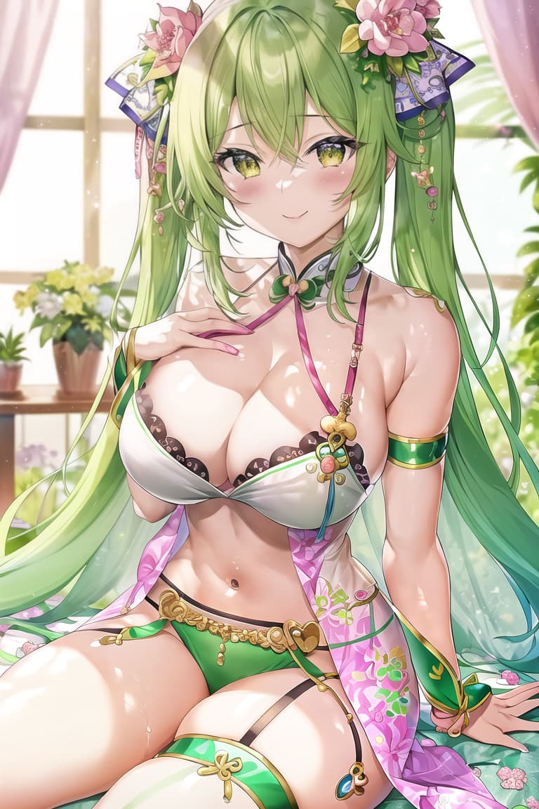  master piece , best quality,green pink hair、yellow eye、汗、垂れ目、巨乳、長身、接近、love、heart、tatoo、luxuary、sex、happiness、exciting、pink garter velt、ハグ