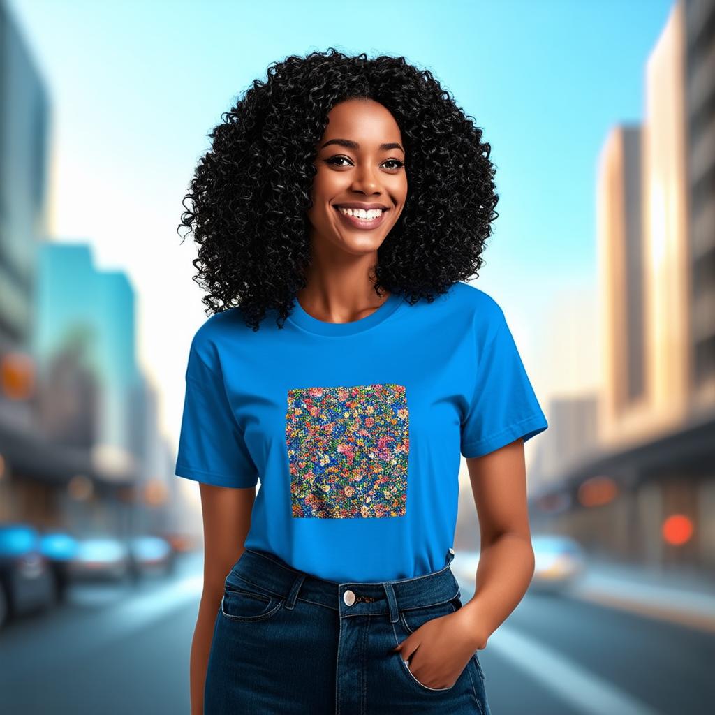  half body portrait black curly happy woman wearing blue t shirt with squared floral pattern on t shirt, Blurred city Background, art by greg rutkowski and artgerm, soft cinematic light, adobe lightroom, photolab, hdr, intricate, highly detailed, (depth of field:1.4)