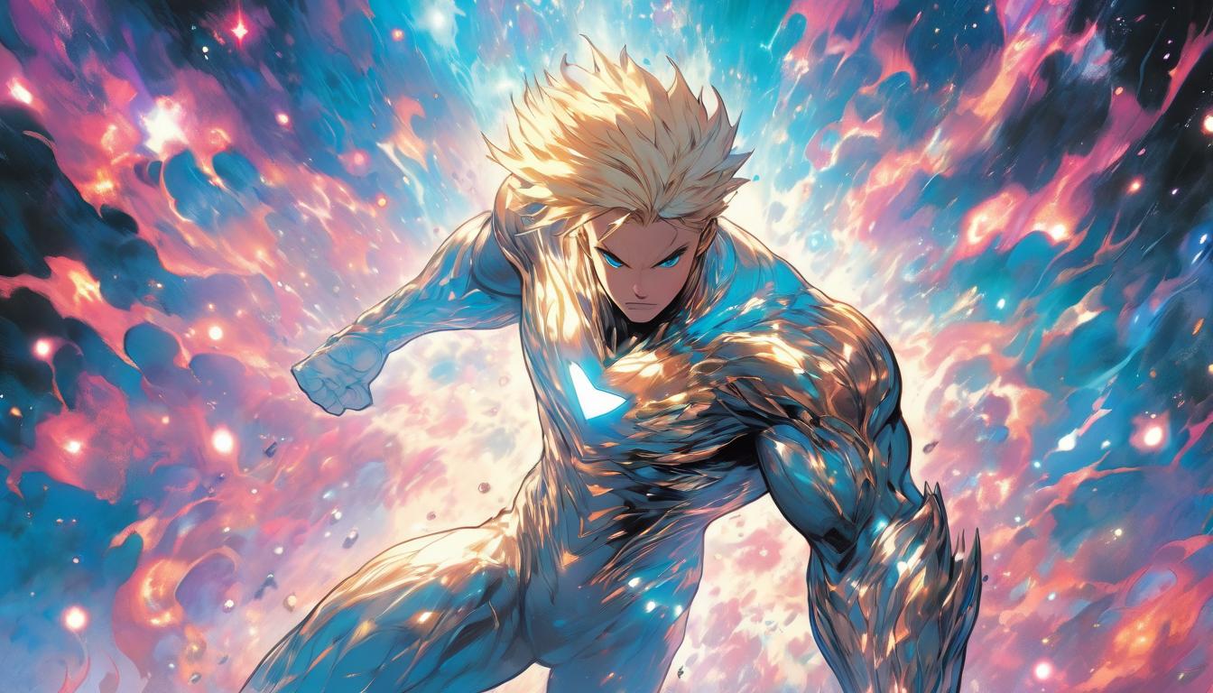  hyperrealism,fantasy aesthetic1man, attractive blonde male humanoid, standing in the center of a swirling galaxy, arms outstretched, cosmic energy radiating from him, high tech clothing clad in sleek, futuristic costume with metallic accents and form fitting designs, marvel superhero comics style, unreal engine rendering