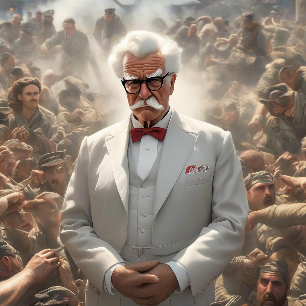  Portrait of the leading political role playing game world crisis 1942, a man who is like the secret government of the world, Colonel Sanders kfc hyperrealistic, full body, detailed clothing, highly detailed, cinematic lighting, stunningly beautiful, intricate, sharp focus, f/1. 8, 85mm, (centered image composition), (professionally color graded), ((bright soft diffused light)), volumetric fog, trending on instagram, trending on tumblr, HDR 4K, 8K