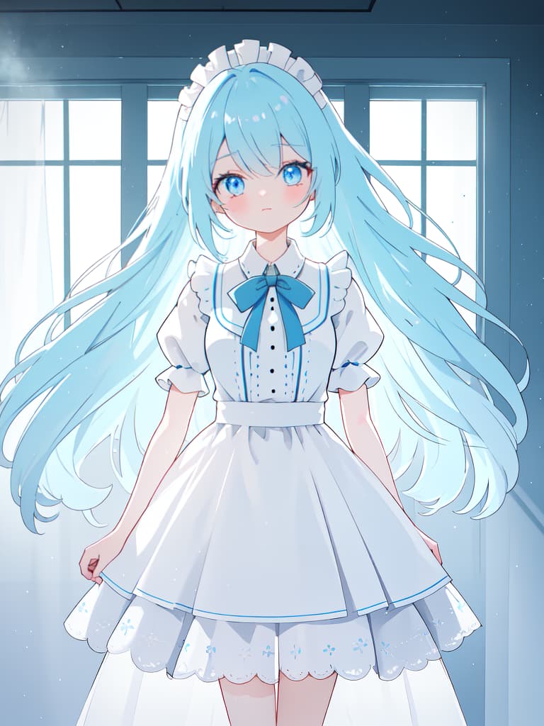  Light blue hair, long hair, left eye red, right eye blue odd eye robot, maid clothes, masterpiece, best quality,8k,ultra detailed,high resolution,an extremely delicate and beautiful,hyper detail hyperrealistic, full body, detailed clothing, highly detailed, cinematic lighting, stunningly beautiful, intricate, sharp focus, f/1. 8, 85mm, (centered image composition), (professionally color graded), ((bright soft diffused light)), volumetric fog, trending on instagram, trending on tumblr, HDR 4K, 8K