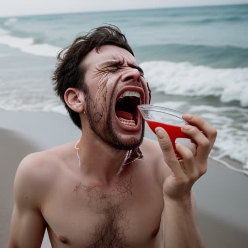  a man screaming on the beach and hold a broken glass cup