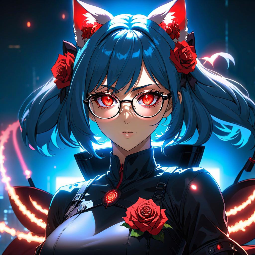  a close up of a person with glasses on, metal ears and glowing eyes, anime epic artwork, neon blue color, ar 16:9, emitting evil red aura, like matrix, woman with rose tinted glasses, blade and soul, planetes, rage, e girl, radiating power hyperrealistic, full body, detailed clothing, highly detailed, cinematic lighting, stunningly beautiful, intricate, sharp focus, f/1. 8, 85mm, (centered image composition), (professionally color graded), ((bright soft diffused light)), volumetric fog, trending on instagram, trending on tumblr, HDR 4K, 8K