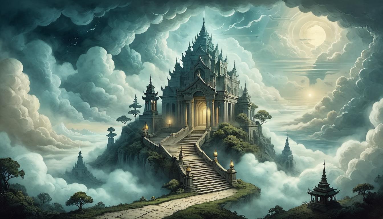  on parchment, surrealism+++, A staircase ascending into the clouds, each step glowing with soft light, leading towards a distant, ethereal temple, sense of progression, true purpose, journey to enlightenment(mysterious, provocative, symbolic,muted color)+++