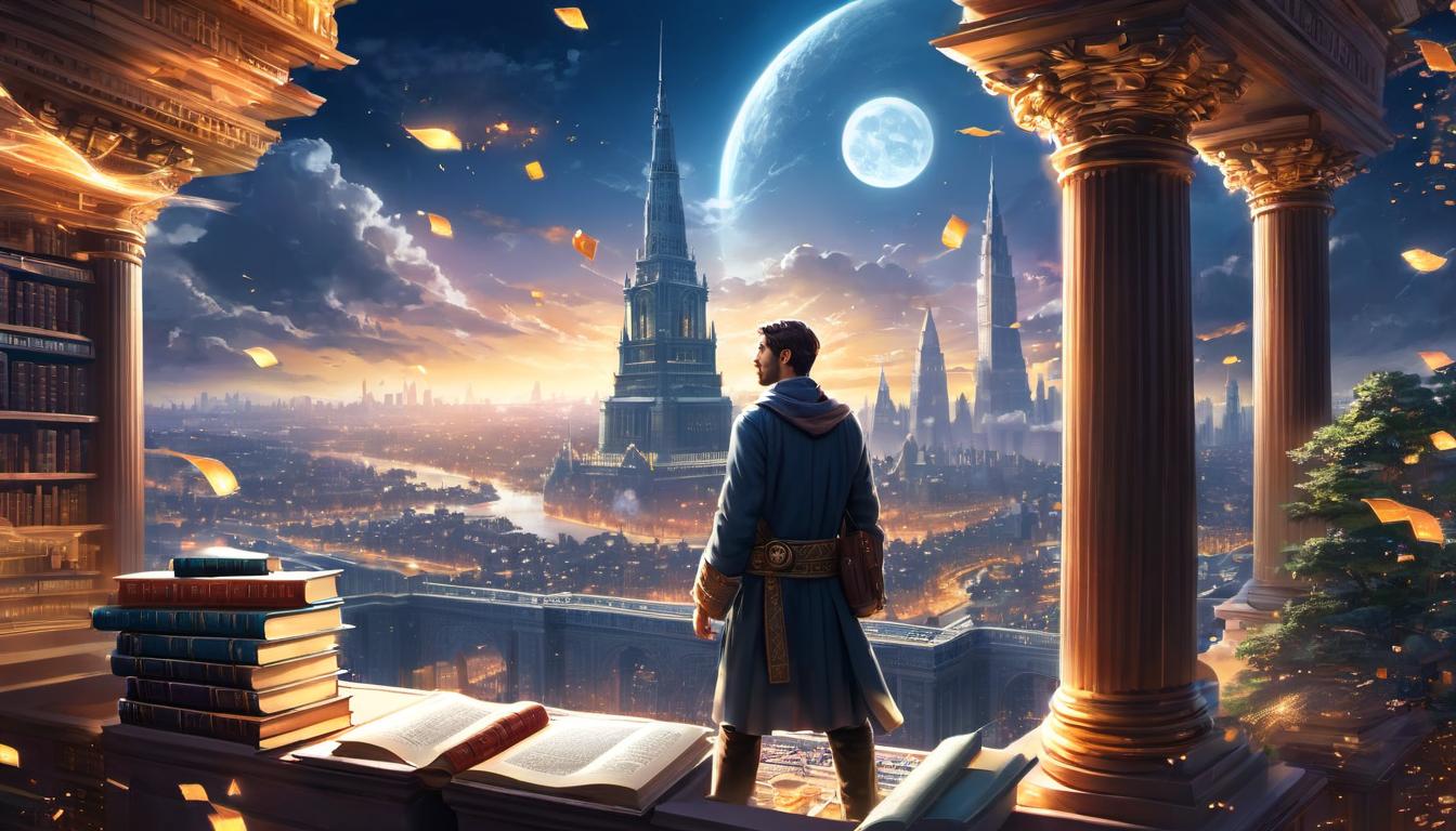  digital illustration, 1man, surrounded by floating scrolls and books, text glowing with ethereal light, background of a bustling city, architecture blending ancient and modern styles, society, knowledge, constraints, looking at viewer, dynamic pose, (intricate details, masterpiece, best quality)