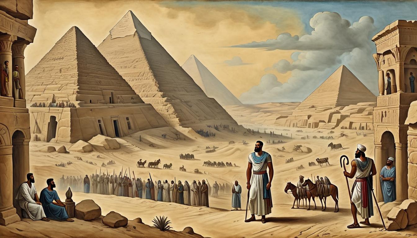  on parchment, surrealism+++, Joseph being sold into slavery, brothers with grim expressions, Joseph bound, background of the Egyptian landscape, tense, dramatic(mysterious, provocative, symbolic,muted color)+++