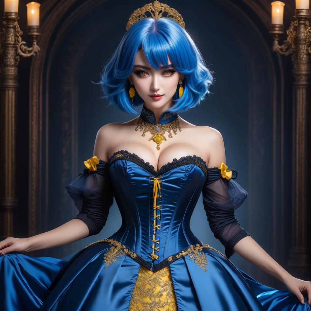  Girl, ((full body)), blue hair, bob haircut, bright yellow eyes, hourglass figure, fully clothed, dress, (19th century ballgown), dark blue clothes, gold jewelry, earrings, necklace, ( corset), belt, choker, looks at viewer, looks down, evil grin, (extremely hyper detailed face), (masterpiece: 1.4), (perfect eyes: 1.1), (perfect hands), 2D, anime, extremely detailed clothes. hyperrealistic, full body, detailed clothing, highly detailed, cinematic lighting, stunningly beautiful, intricate, sharp focus, f/1. 8, 85mm, (centered image composition), (professionally color graded), ((bright soft diffused light)), volumetric fog, trending on instagram, trending on tumblr, HDR 4K, 8K