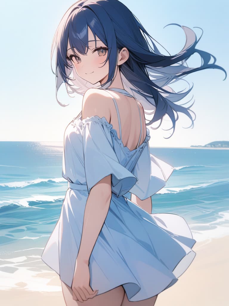  Master Piece, Best Quality, Hires, Detailed, From Front, (Cowboy Shot), 1GIRL, SMILE, Long Hair, Blue Hair, SwimsuSUST, SHORE, SHORE, SHORE. LINE, (cat chemo ear), masterpiece, best quality,8k,ultra detailed,high resolution,an extremely delicate and beautiful,hyper detail