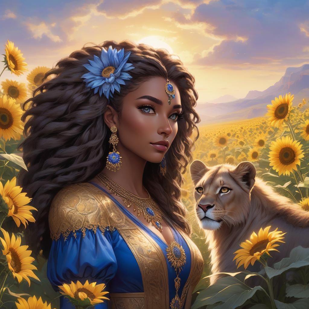  A with striking eyes holds a young lion amidst a sunflower field at sunset. Her hair is adorned with blue flowers, matching her dress. A young African with a rich, dark complexion and large, round, expressive dark brown eyes. She has full lips and a small, delicate nose. Her face is framed by long, dreadlocks in a natural dark brown color. She wears blue dangly earrings with blue daisies that accentuate her eyes. The wears a bright royal blue dress with puff sleeves, which has intricate gold embroidery and daisy embellishments that match her earrings. In her arms she tenderly holds a young lion, whose gentle, catty eyes and soft features convey a feeling of trust and security. The lion's fur is a traditional lion brow hyperrealistic, full body, detailed clothing, highly detailed, cinematic lighting, stunningly beautiful, intricate, sharp focus, f/1. 8, 85mm, (centered image composition), (professionally color graded), ((bright soft diffused light)), volumetric fog, trending on instagram, trending on tumblr, HDR 4K, 8K