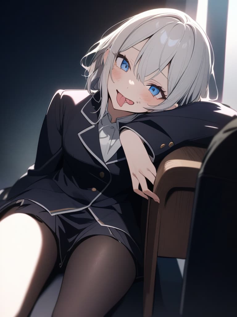  ((black tights,,dirty eyes,,)),big s,open ed uniform,blazer,sitting flat, style sitting,emphasis on s,(medium length hair,hair over shoulders,blue eyes,white hair,tongue ing),pretty ,beautiful,cute,y,ultra detailed,best shadow,cute and beautiful face,(masterpiece:1.2),(best quality:1.2),detailed background,high contrast,(best illumination,an extremely delicate and beautiful),((cinematic light)),hyper detail,dramatic light,intricate details,8k,anime,very aesthetic, masterpiece, best quality,8k,ultra detailed,high resolution,an extremely delicate and beautiful,hyper detail