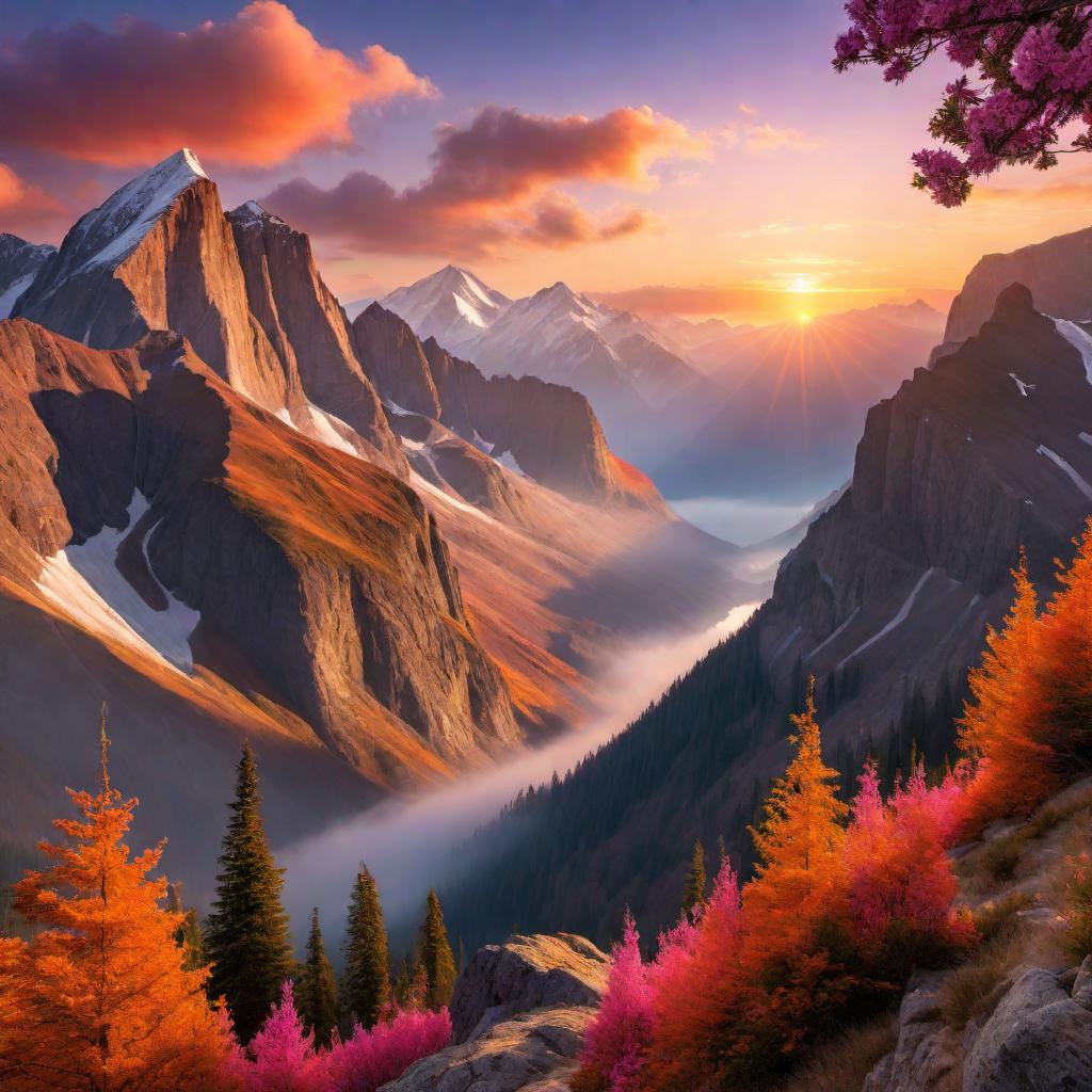  A beautiful sunset over a majestic mountain range, with a colorful sky filled with warm hues of orange, pink, and purple. The mountains are rugged and towering, casting long shadows as the sun dips below the horizon. The scene is peaceful and serene, capturing the essence of nature's beauty and tranquility. hyperrealistic, full body, detailed clothing, highly detailed, cinematic lighting, stunningly beautiful, intricate, sharp focus, f/1. 8, 85mm, (centered image composition), (professionally color graded), ((bright soft diffused light)), volumetric fog, trending on instagram, trending on tumblr, HDR 4K, 8K