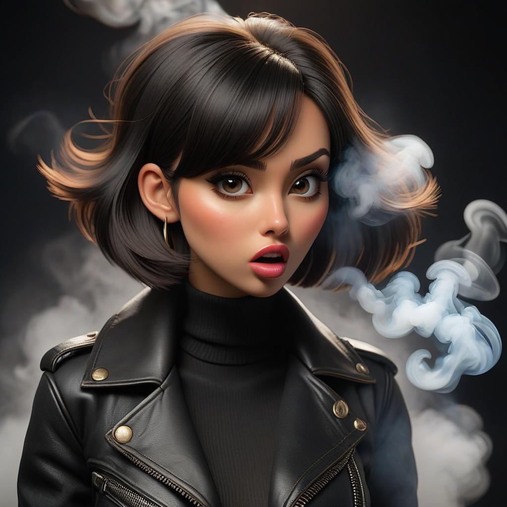  A girl with dark hair, a bob haircut, wearing a black turtleneck and denim shorts, in a black leather jacket, is releasing smoke from her mouth, straight on, fluorescent lighting. hyperrealistic, full body, detailed clothing, highly detailed, cinematic lighting, stunningly beautiful, intricate, sharp focus, f/1. 8, 85mm, (centered image composition), (professionally color graded), ((bright soft diffused light)), volumetric fog, trending on instagram, trending on tumblr, HDR 4K, 8K